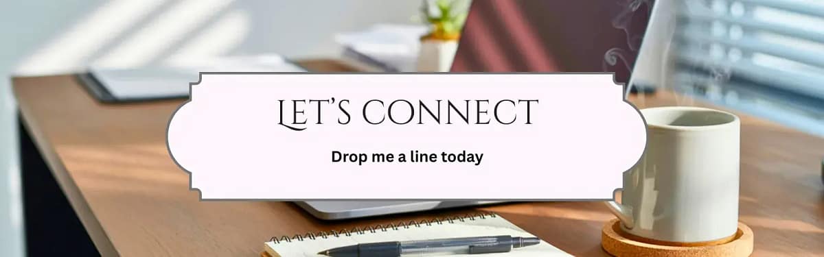 Let’s connect banner with coffee cup, notebook, and laptop on desk—contact hub page for blog inquiries, collaborations, and lifestyle content