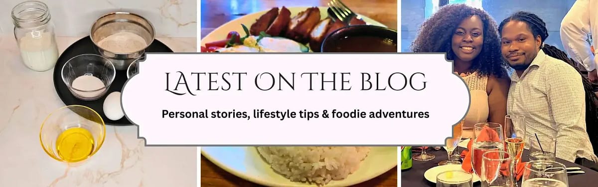 1 Food and lifestyle blog banner with cooking ingredients, plated meals, and couple dining—latest personal stories, recipes, travel tips, and foodie adventures