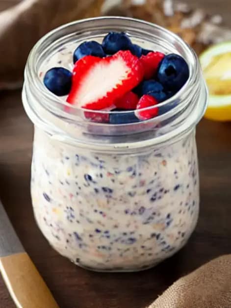 Jar of overnight oats topped with blueberries, raspberries, and sliced strawberry—easy breakfast ideas for busy mornings and no-cook meal prep