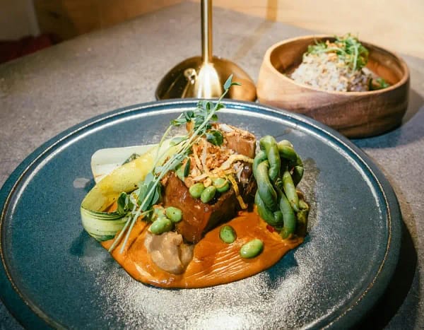 dine out Gourmet plated dinner with glazed short ribs, creamy sauce, and fresh greens — a perfect dish to enjoy when you dine out at a local fine dining restaurant.