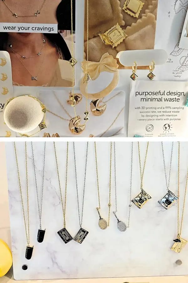 2 pictures stacked vertically showcasing Wanderlust gold jewelry. top image is food jewelry and the bottom is other gold and silver pieces such as a flip cell phone, cassette tape, tennis racket, and more