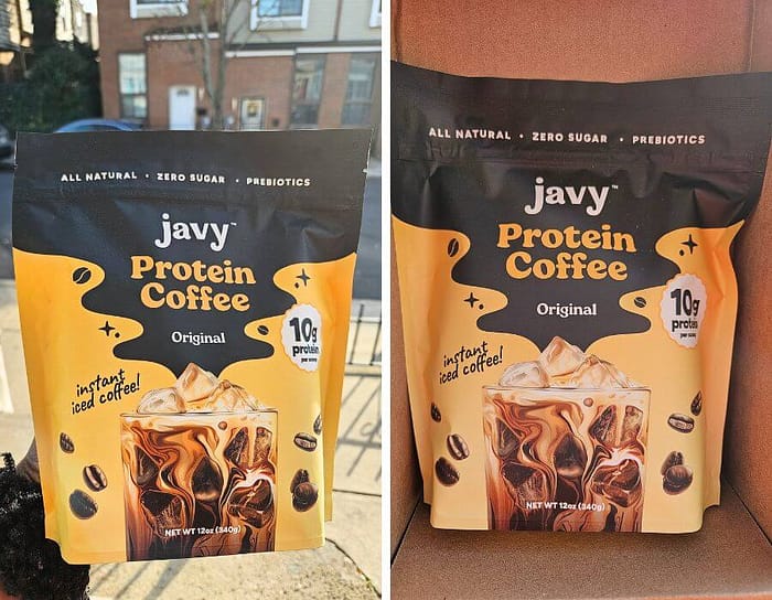 javy protein coffee-2 a side by side photo collage of Javvy protein coffee powder