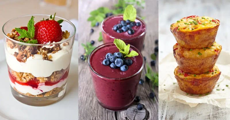 Three easy breakfast ideas shown together: a layered yogurt parfait with strawberries, a blueberry smoothie in glass jars topped with fresh berries, and a stack of baked egg muffins with vegetables on parchment paper.