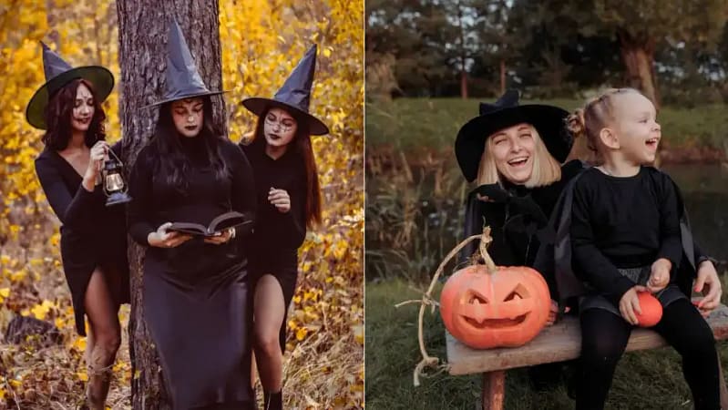two images side featuring fun costume ideas for witches. on the left side is 3 women dressed in all black dresses with the pointy hats and on the right is a mother and daughter wearing black sitting on a bench next to an orange pumpkin