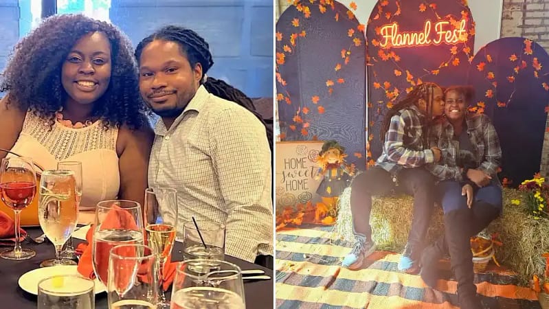 Finding love unexpectedly — a happy couple sharing special moments together, one photo at a dinner date with drinks and warm smiles, and another at a cozy autumn festival sitting on hay bales under fall decorations and a glowing sign, capturing a real-life love story, relationship happiness, and genuine connection.