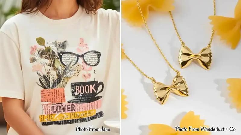 a 2 photo collage featuring a woman wearing a graphic t-shirt and a gold bowtie necklace showcasing the best gifts for mom