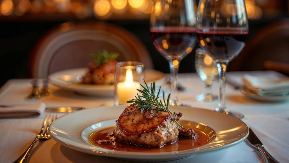 A plate of gourmet food with wine glasses on a table, perfect for a cozy dinner while discussing finance hacks