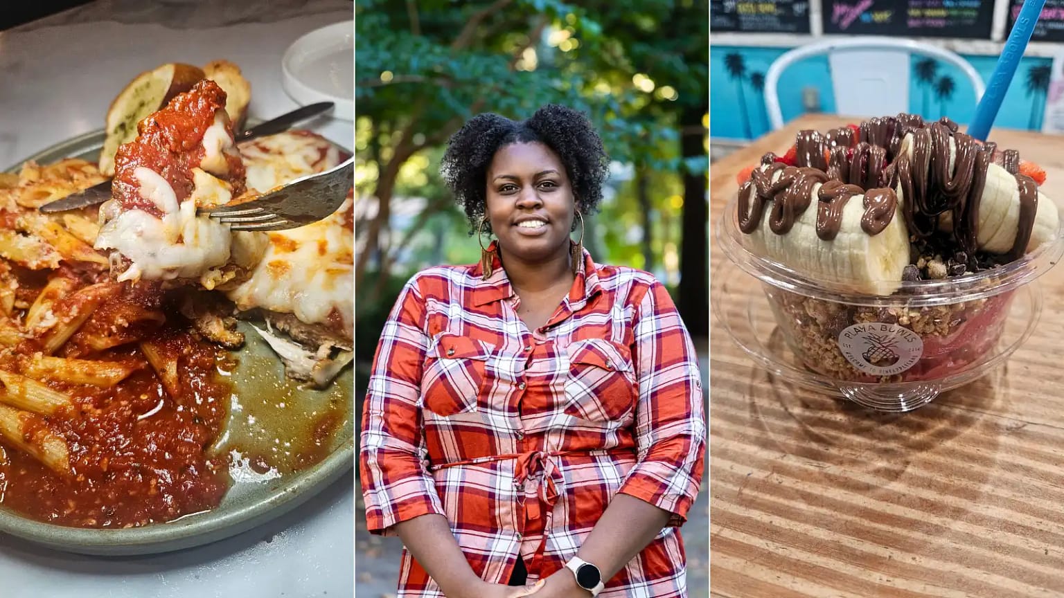 Food blog banner for the home page of Philly blogger showing pasta dish, a smiling blogger, and a fruit acai bowl