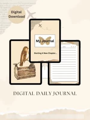 A preview of a modern vintage digital journal download, showcasing a vibrant cover design and organized writing space.