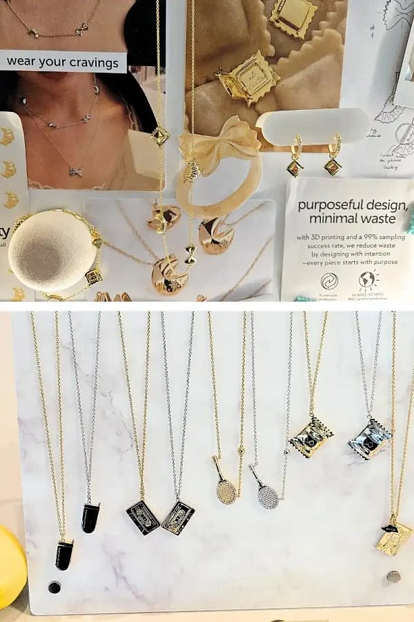 2 pictures stacked vertically showcasing Wanderlust gold jewelry. top image is food jewelry and the bottom is other gold and silver pieces such as a flip cell phone, cassette tape, tennis racket, and more from the grand opening perfect gifts for women