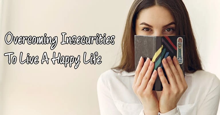 white woman holding a book covering her mouth with an overlay text -overcoming insecurities to live a happy life