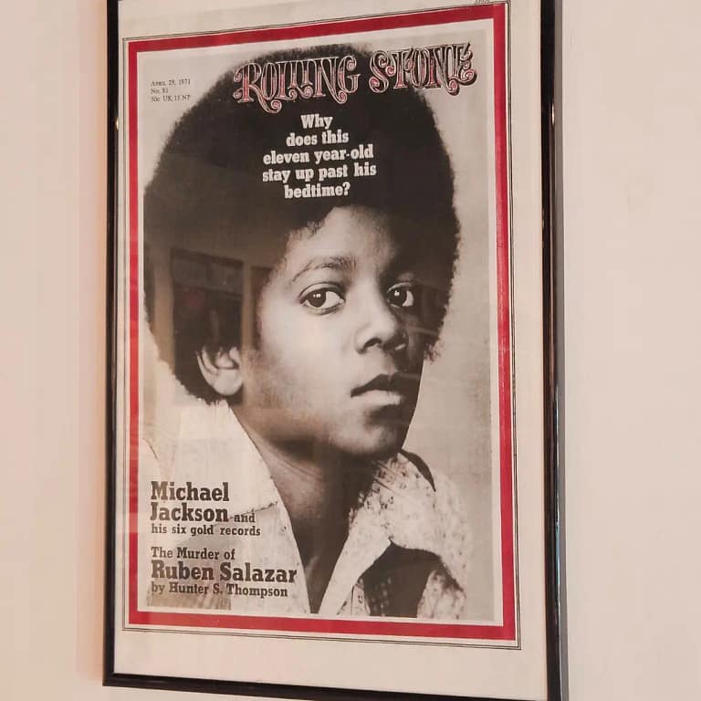 a black and white picture of rolling stone magazine cover featuring a young M.J. from the Michael Jackson museum/ exhibit in Philadelphia