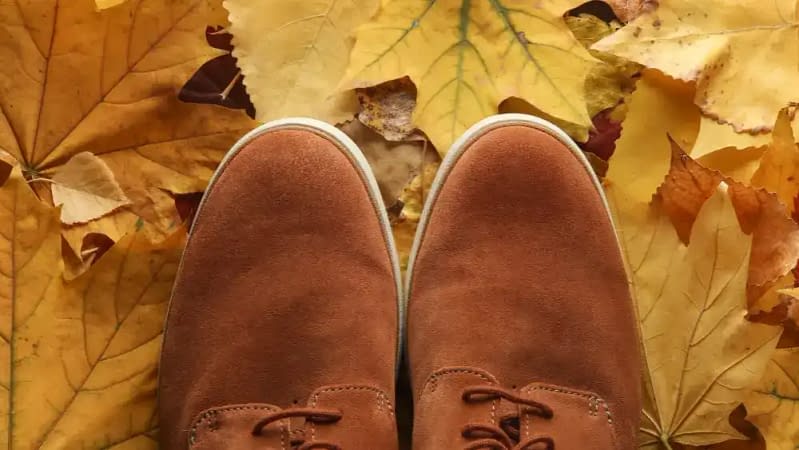 Brown suede shoes standing on golden autumn leaves, showcasing cozy fall fashion and seasonal style.