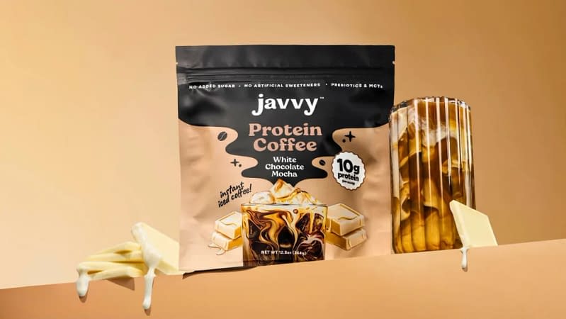 a promo photo of javvy white chocolate mocha protein coffee powder flavor